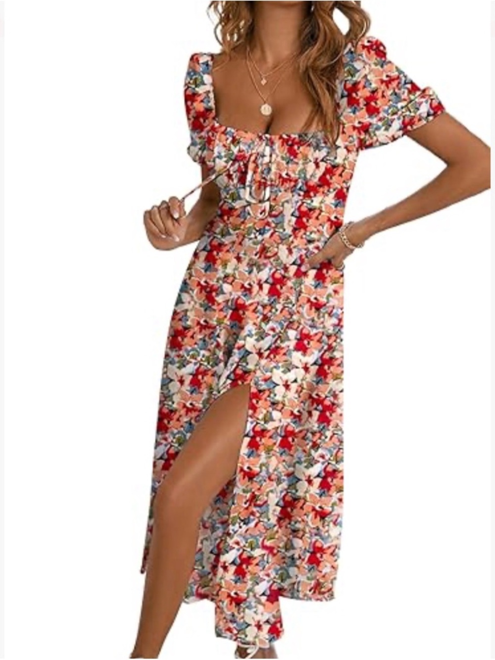 Cottagecore Floral Square-Neck Maxi Dress with Side Slit - Coaral Color Floral
